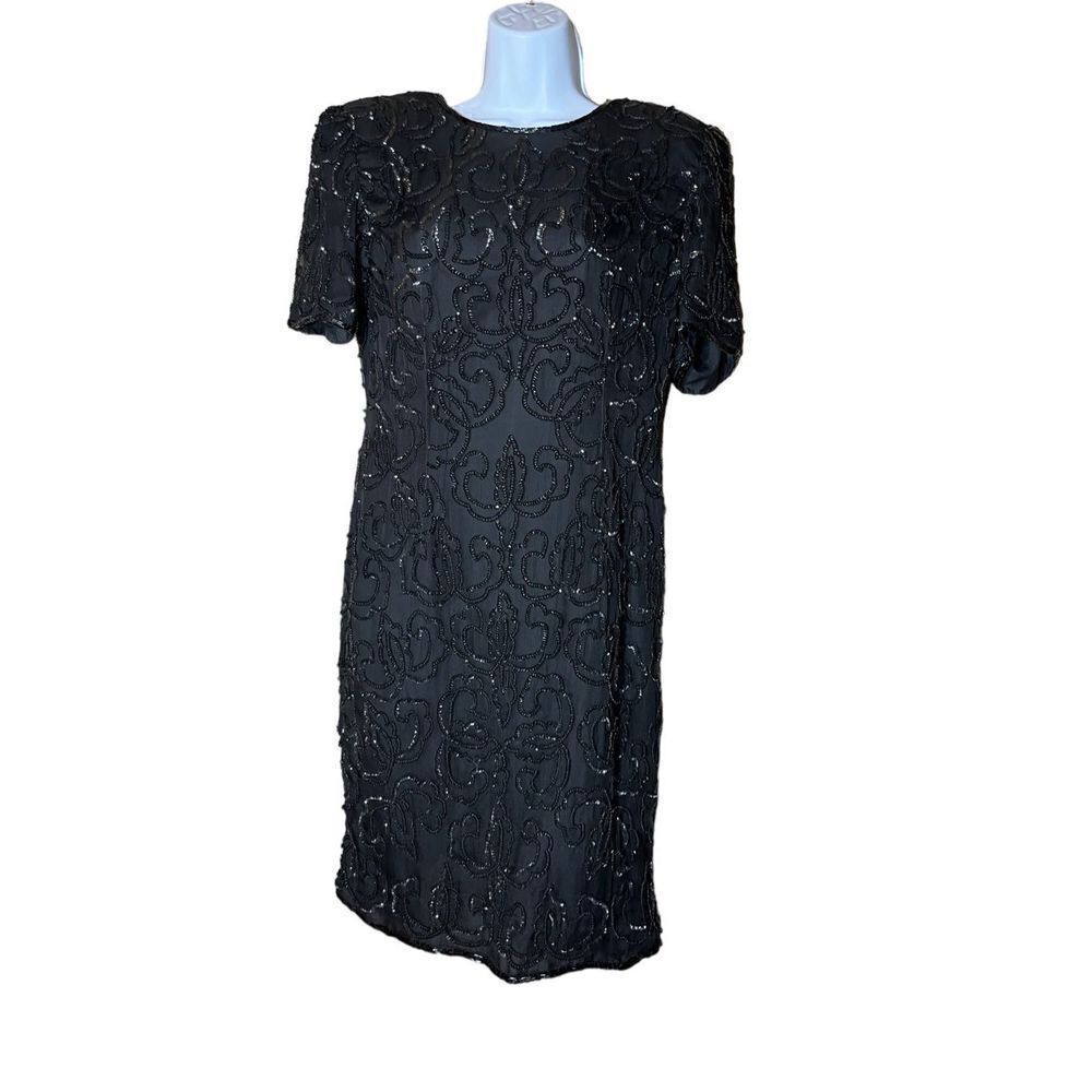 Vintage Amor Black 100% Silk Beaded Dress Size Medium‎